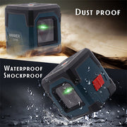 HANMATEK LV1G laser level showing dustproof, waterproof, and shockproof features with bright green laser beam.