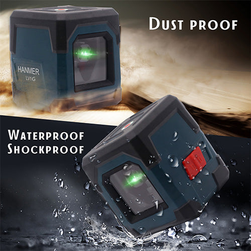 HANMATEK LV1G laser level showing dustproof, waterproof, and shockproof features with bright green laser beam.