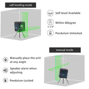 Illustration of HANMATEK LV1G laser level in self-leveling and manual modes, showcasing operation features and accuracy.