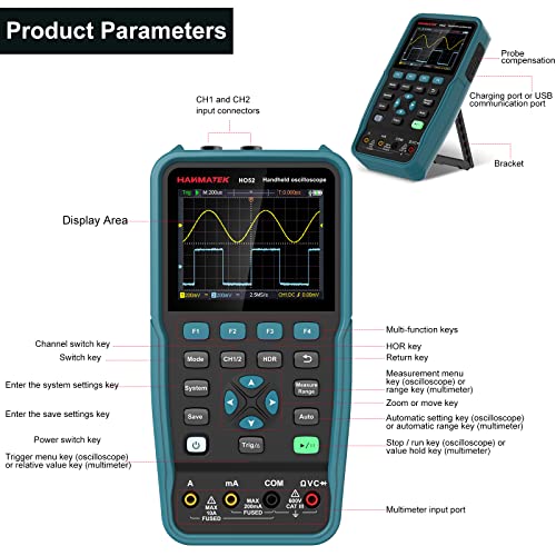 HANMATEK® HO52 2-in-1 handheld oscilloscope with display area and multi-function keys for versatile measurements