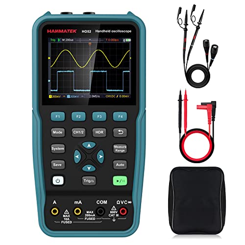 HANMATEK® HO52 2-in-1 Handheld Oscilloscope displayed with probes and carrying case