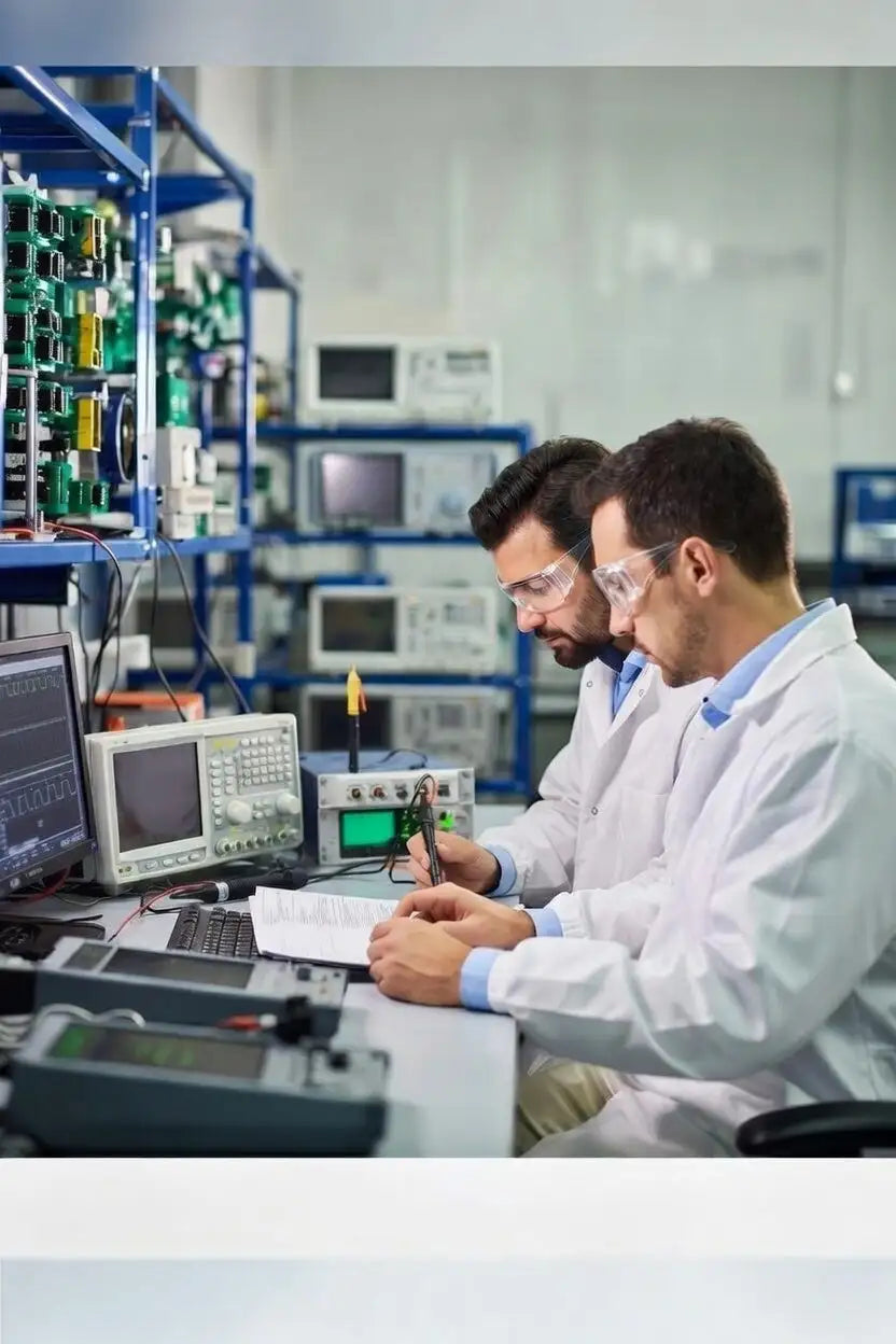Two scientists in a lab setting with equipment and computers.