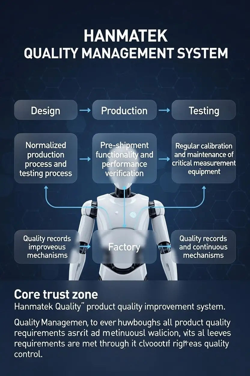 Diagram of Hanmatek quality management system with robot illustration on a dark background
