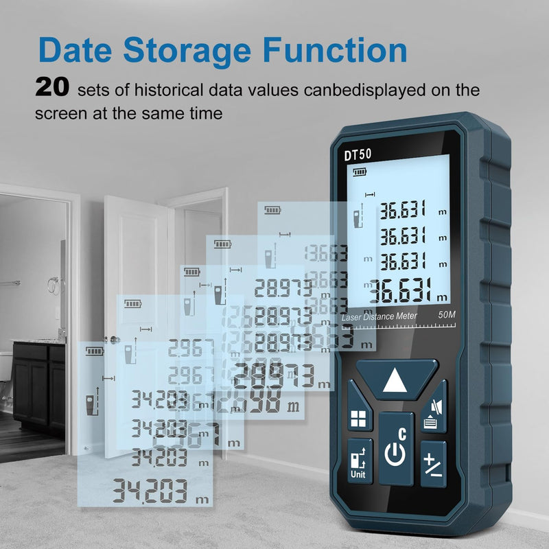 HANMATEK® Laser Distance Meter 165ft with data storage function displaying historical measurements on screen