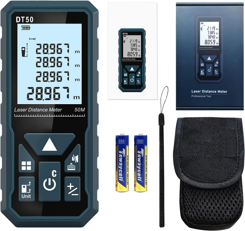 HANMATEK® laser distance meter 165ft with backlit display, battery, and carrying case for precise measurements