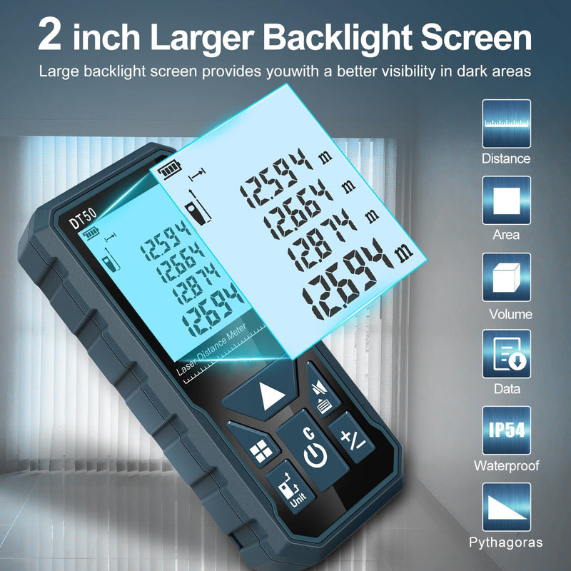 HANMATEK® laser distance meter 165ft with a large backlight screen for better visibility in dark areas