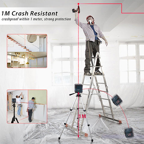 HANMATEK laser level for construction showcasing 1M crash resistance and use in various settings