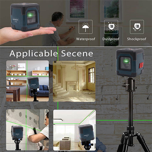 HANMATEK® LV1G Laser Level shown in various home settings, highlighting waterproof, dustproof, and shockproof features.